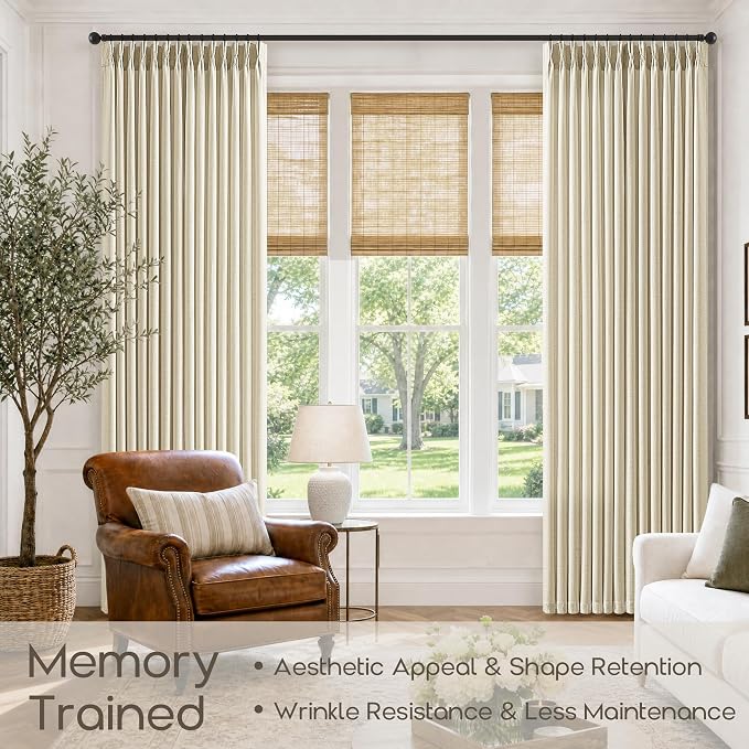 Pinch Pleated Linen Curtains 112 Inch Length 2 Panels Boho Rustic Light Filtering Thick Flax Linen Pleat Curtains for Sliding Patio Door Cream Beige Semi Sheer Privacy Living Room Drapes