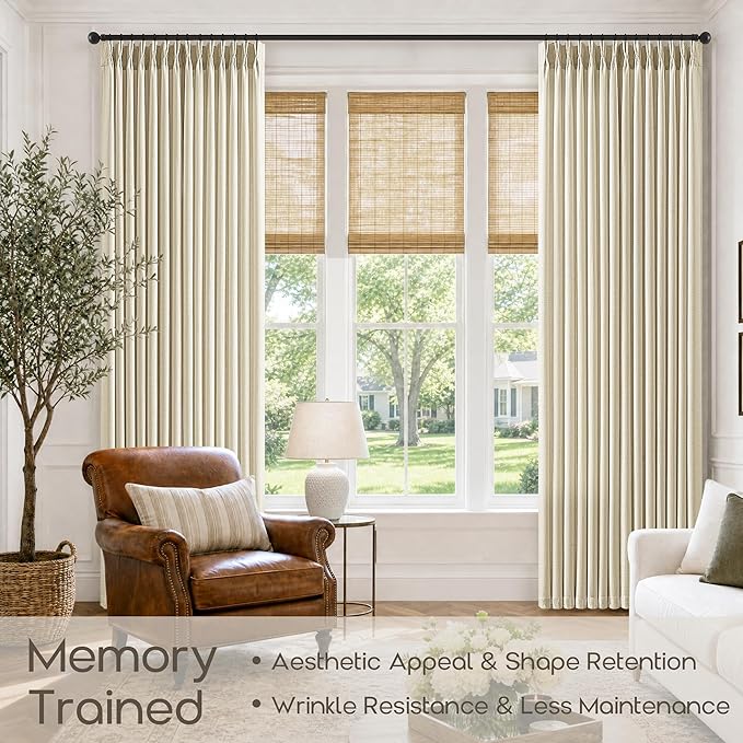 Pinch Pleated Cream Beige Linen Curtains 90 Inches Length 2 Panels Set Warm Beige Light Filtering Semi Sheer Privacy Window Curtains with Hooks Rings Back Tab Burlap Drapes for Living Room Patio 40x90