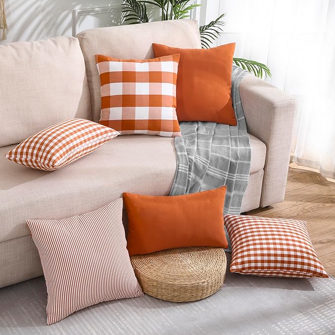 CARRIE HOME Burnt Orange Fall Buffalo Plaid Throw Pillow Covers 18x18 Set of 2 Checkered Throw Pillow Outdoor Fall Front Porch Decor for House and Yard