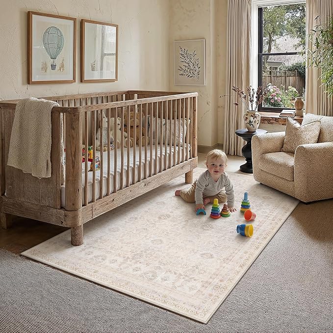 4x6 Washable Neutral Area Rug for Living Room Beige Apricot Floral Non Slip Low Pile Large Rug Indoor Vintage Carpet Bedroom Dining Room Nursery Office Playroom