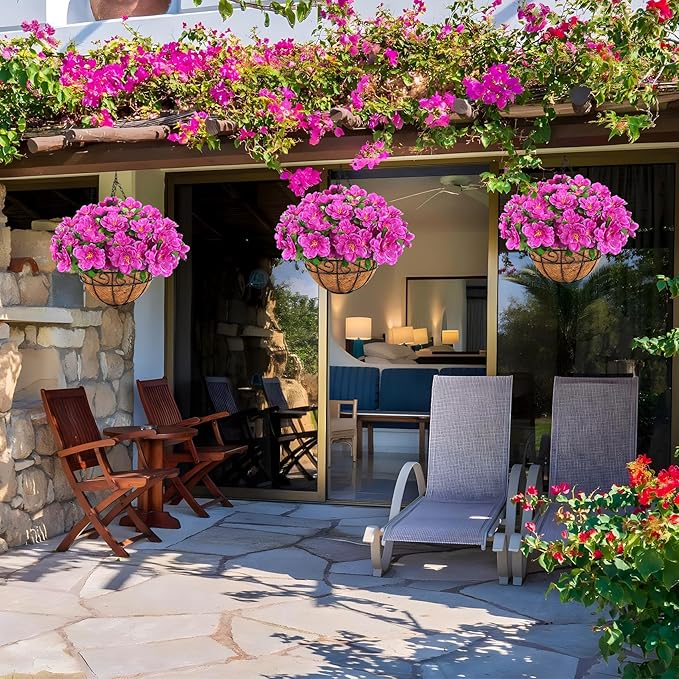 Ouddy Decor Artificial Hanging Flowers with Basket, Silk Azalea Flowers in Coconut Basket, Fake Hanging Plants Artificial Decor for Outdoor Indoor Yard Garden Patio Home Room Porch Decor (Fuchsia)