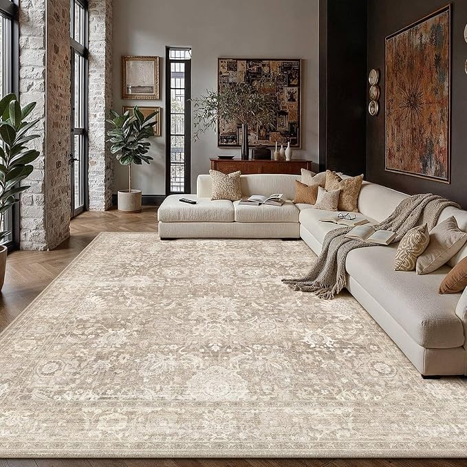 HUGEAR Area Rugs 10x12 Beige Washable Rug for Living Room Bedroom Large Neutral Vintage Rug Carpet Distressed Soft Durable Non Slip No Shedding for Indoor Dining Nursery Farmhouse