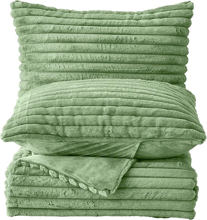 Simple&Opulence Fluffy Faux Fur Comforter Set, Plush Fuzzy Minky Bedding Set, 3 Pieces Warm Soft Comforter Bedding Set for Winter - 1 Shaggy Comforter with 2 Pillow Shams(Queen, Striped - Green)