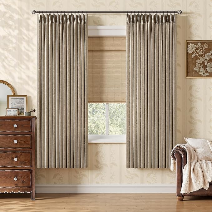 Dark Flax Pinch Pleated Linen Curtains 63 Inch Long 2 Panels Set for Living Dining Room Semi Sheer Memory Trained Short Pleat Drapes with Hooks Rings Farmhouse Boho Brown Bedroom Kitchen Drapes 40x63