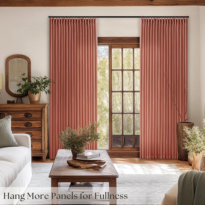 Terracotta Linen Curtains Pinch Pleated 84 Inches Long 2 Panels for Living Room Dining Pinch Pleat Light Filtering Boho Retro Semi Sheer Bedroom Window Curtain Burnt Orange Rust Autumn Fall Decor