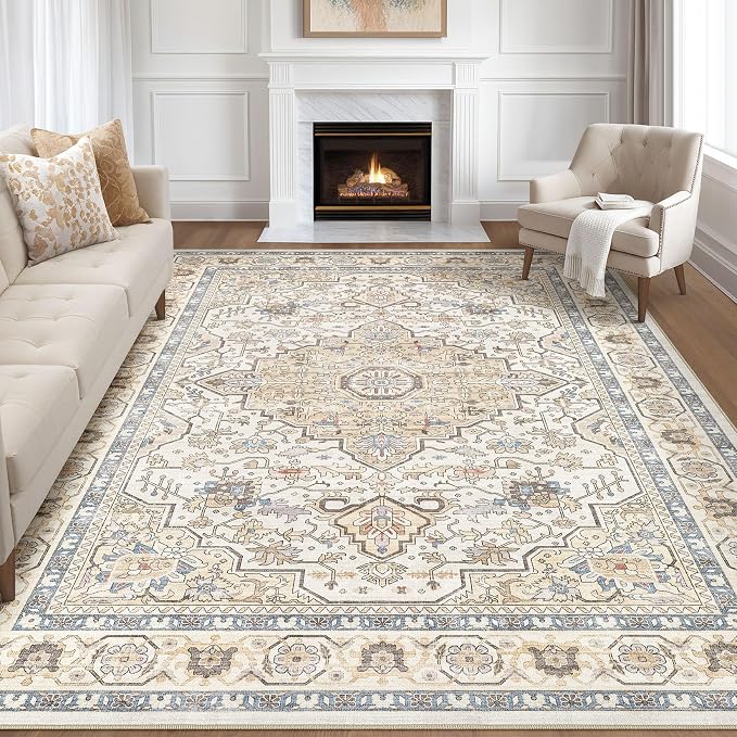 9x12 Area Rug Living Room: Washable Boho Large Neutral Vintage Soft Rug Stain Resistant Farmhouse Non-Slip Indoor Floor Carpet for Bedroom Nursery Kids Playroom Office Dining Room- Sand Blue
