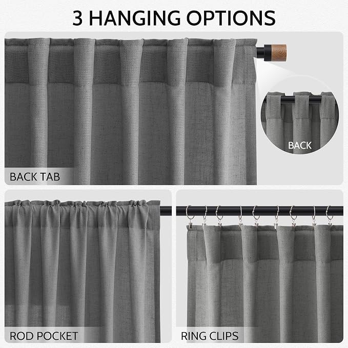 Nanspring Linen Curtains 90 Inches Long 2 Panels for Bedroom Living Room Ivory Light Filtering Windows with Back Tab, Semi Sheer & Privacy Farmhouse Style for Living Room, Blazer Grey, W50 x L90