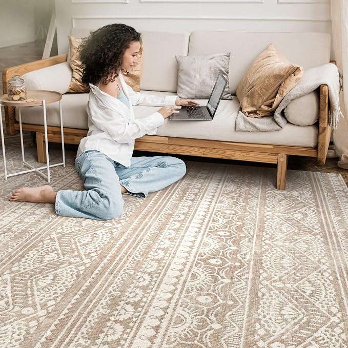 Tortania Area Rug Living Room Rugs - 5x7 Washable Large Soft Neutral Boho Moroccan Bohemian Farmhouse Rug Indoor Floor Carpet for Bedroom Under Dining Table Home Office Decor - Light Brown