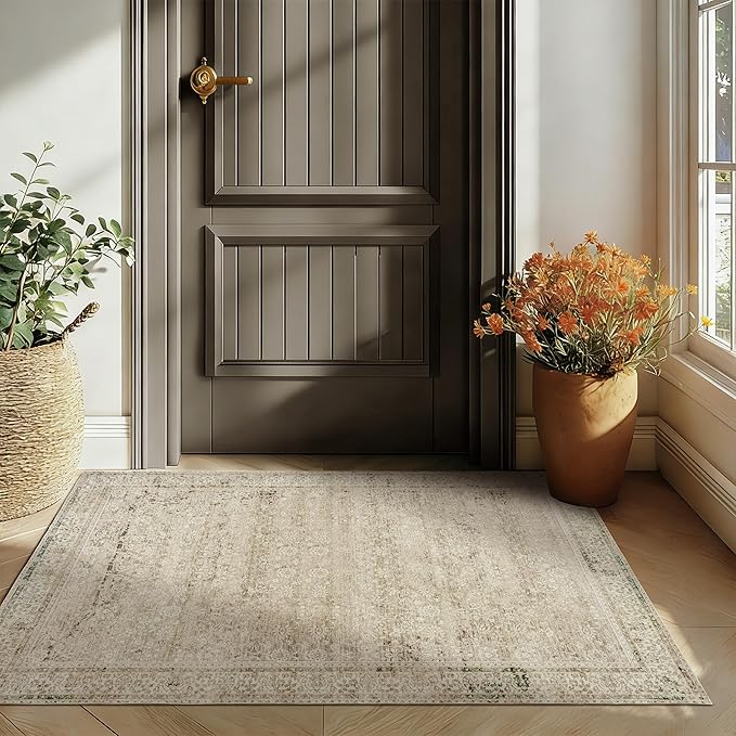 3x5 Small Entryway Area Rug Indoor for Front Door Entry Way,Washable Non Slip Ultra Thin Modern Farmhouse Neutral Boho Door Mat Entrance,Tan Brown and Cream Beige