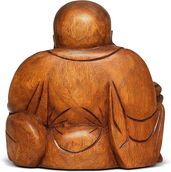 G6 Collection 8" Wooden Laughing Happy Buddha Statue Hand Carved Smiling Sitting Sculpture Handmade Figurine Decorative Home Decor Accent Rustic Handcrafted Art Decoration Happy Buddha (Small)
