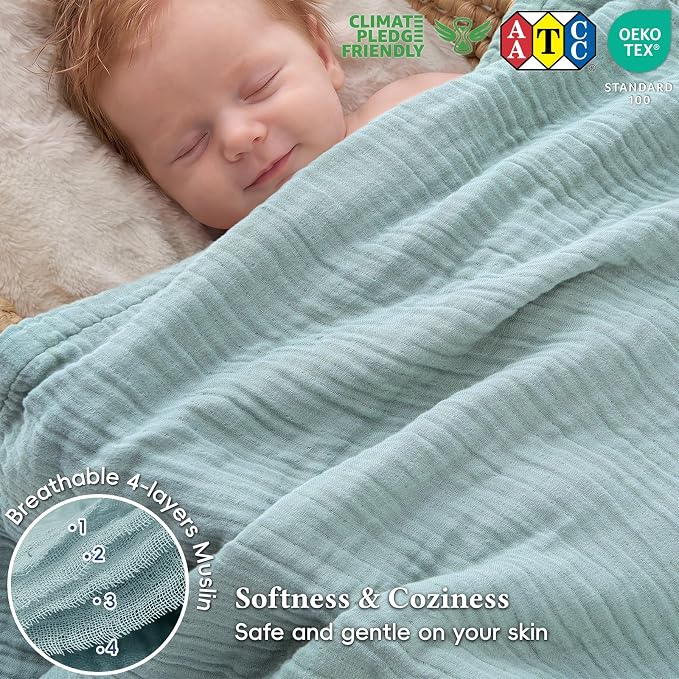 David's Home Soft Muslin Blanket Queen Size for Adults, 60% Rayon 40% Cotton, Breathable Lightweight Cooling Blanket for Hot Sleepers, 4-Layer Cozy Gauze for Bed, 90"x90", Teal Blue