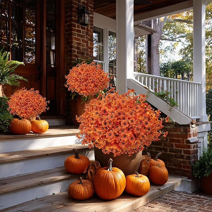 AXYLEX Artificial Fall Flowers Outdoor Fake Mums - 16 Bundles Fake Plants UV Resistant No Fade Faux Plastic Greenery Garden Porch Patio Fall Home Decor (Orangeyellow)