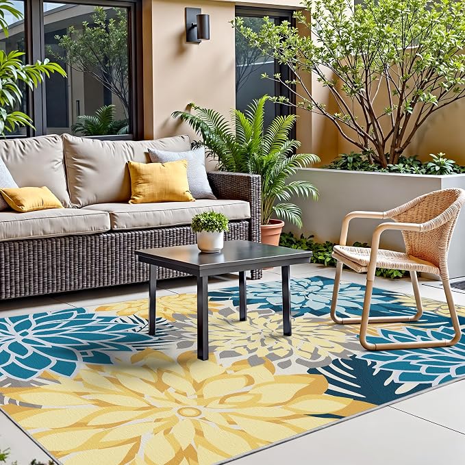 Colorful 8x10 Outdoor Area Rug Washable Multicolored Patio Rug Tropical Botanical Floral Chenille Waterproof Outdoor Carpet Non-Slip for Deck, Backyard, Porch, Ocean Dahlia