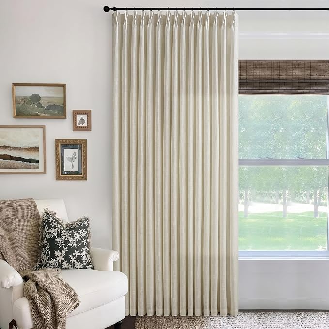 Extra Wide Pinch Pleated Linen Curtains 84 Inches Long for Patio Sliding Glass Door 100 Inch Wide Beige Flax Oatmeal Pleated Drapes with Hooks Rings Semi Sheer 100x84 Curtain for Living Room 1 Panel