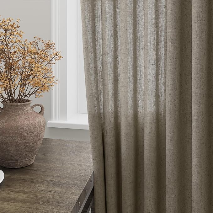 Extra Long Curtain 108 Inches Long 2 Panels Set Back Tab Mocha Linen Drapes for Living Room Neutral Farmhouse Light Filtering Semi Sheer Linen Curtains 108 Inch Length for Large Window 9 FT Tall
