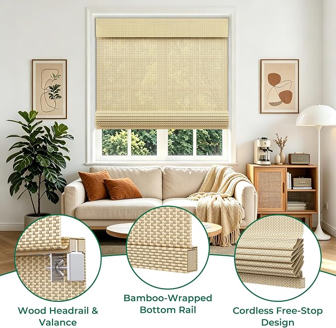 Allesin zen No Drill Cordless Bamboo Roman Shades, Light Filtering 20" W x 64" H, Beige