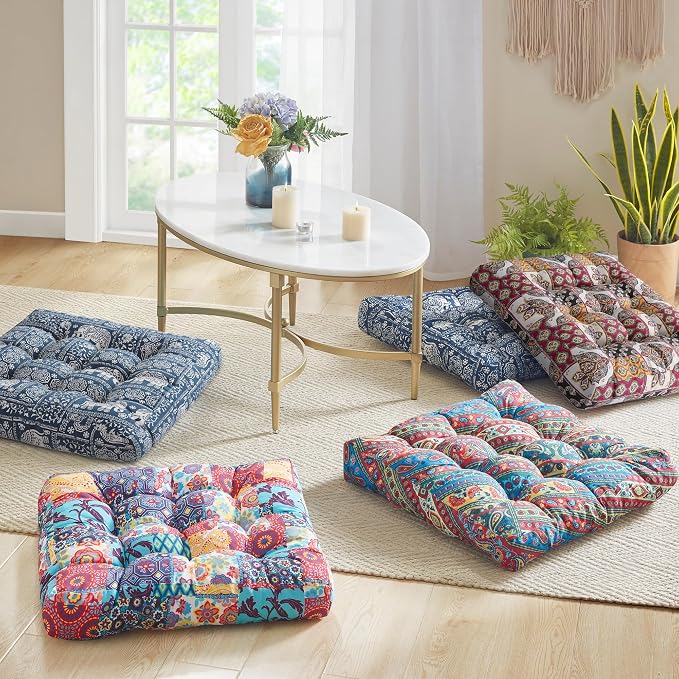 Codi Floor Cushions Seating for Adults and Teens Set of 2, Square Large Boho Pillows for Yoga Living Room Tatami Sitting Home Decor, Memory Foam Added, 22x22 Inch Multi Patchwork