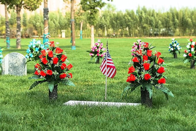 LVXINLI 2 Sets Artificial Cemetery Flowers,Outdoor Grave Decorations Roses,Beautiful Arrangements Bouquet with Cemetery Vase,Lasting and Non-Bleed Colors (Red)