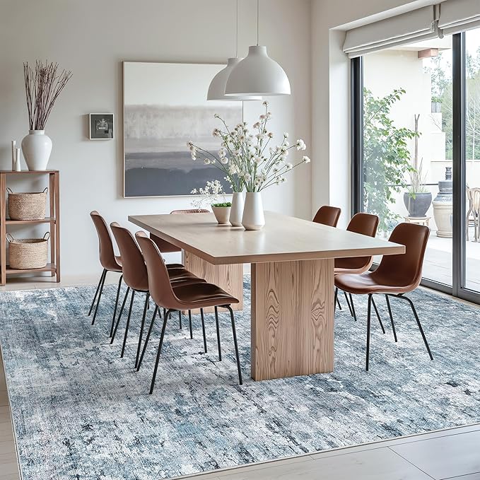 Soalmost Washable Area Rug 8x12, Large Soft Rugs for Living Room Vintage Blue/Grey Carpet 8x12 Area Rugs for Bedroom Dining Room Non-Slip Stain Resistant Under Table Rug