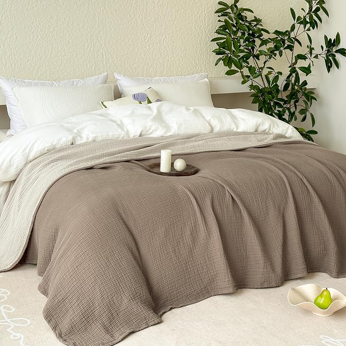 FALUCA Cotton Muslin Cooling Reversible Blanket King Size for Bed, Couch, Four Layers Blanket, Soft Lightweight Cozy Breathable Farmhouse Decoration for Summer, Brown