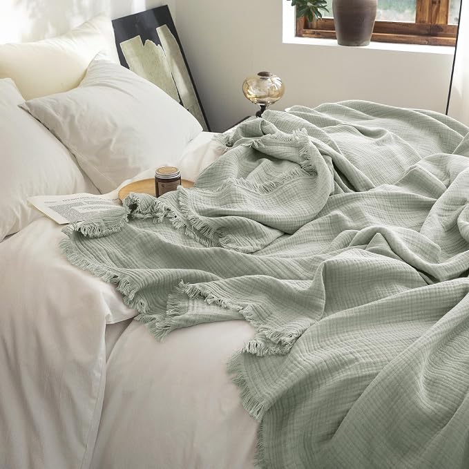 FOSSA Muslin Blanket 4-Layer 100% Cotton Gauze Blanket with Fringe 66"x90" | Super Soft Breathable Lightweight All Season & Decorative Blanket or Bed, Sofa, Office (Sage Green,Twin XL)