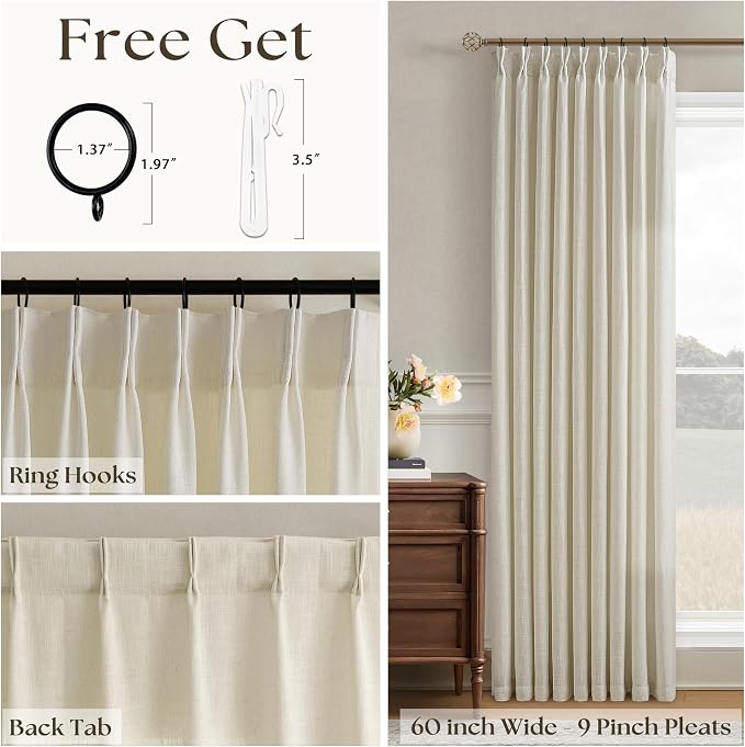 Pinch Pleated Linen 108 Inch Curtains 60 Inch Width for Living Room Divider Light Filtering Thick Linen Extra Wide Patio Curtains for Sliding Door Balcony Floor to Ceiling Window 1 Panel
