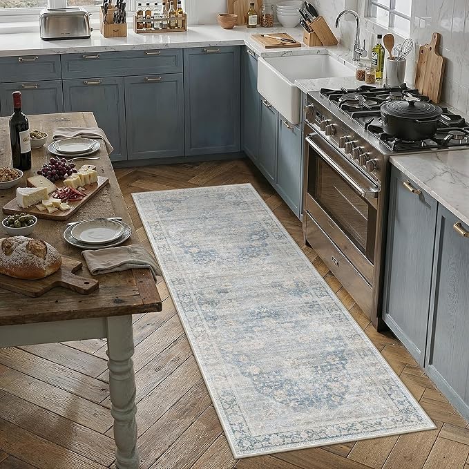 2x6 Washable Neutral Runner Rug Blue Vintage Hallway Kitchen Carpet Non-Slip Soft Low Pile Oriental Throw Rug for Bedroom Bathroom Laundry Living Room