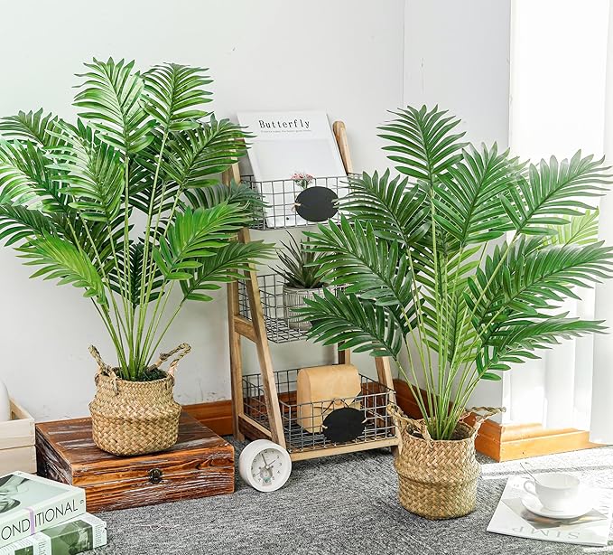 Der Rose 2Pcs Fake Palm Tree 28Inch Large Fake Potted Faux Areca Palm Plant with Hand-Woven Baskets with Handles for Indoor Outdoor Home Office Porch Balcony Bedroom Decor
