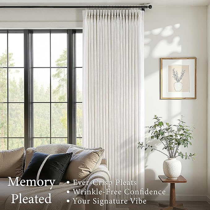 Pleated Curtains 105 Inches Long for Living Room Bedroom Light Filtering Custom Made Pinch Pleat Linen Curtains Memory Shape Trained Sliding Glass Door Sheer Curtain Cream Ivory Pleated Drapes