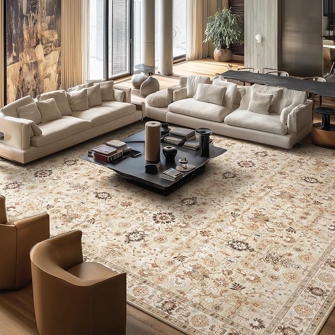 Washable Rugs for Living Room: 10x14 Area Rugs for Bedroom Ultra Soft Non-Slip Stain Resistant Vintage Boho Large Carpet for High-Traffic Dining Room - Farmhouse Decor