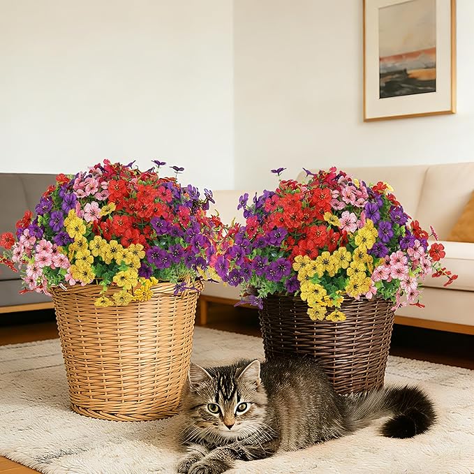 Senjie 24 Bundles Artificial Flowers Bulk for Outdoor Decor, UV Resistant Fake Plastic Flowers, Faux Flowers for Porch Patio Window Boxwood Garden