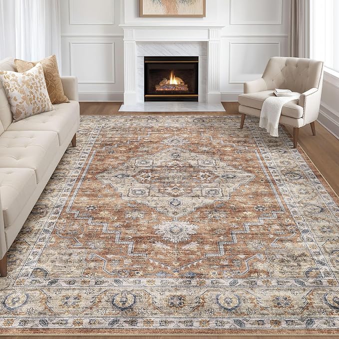 7x9 Area Rug Living Room: Washable Boho Large Neutral Vintage Soft Rug Stain Resistant Farmhouse Non-Slip Indoor Floor Carpet for Bedroom Nursery Kids Playroom Office Dining Room- Terracotta