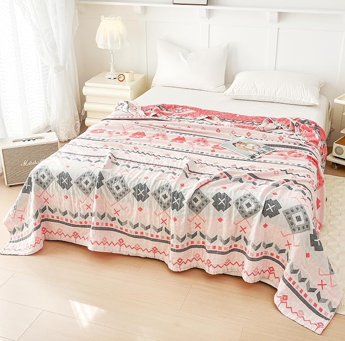 MEJU Boho Indian Pink Gray Stripes Checks Muslin All Season Reversible Blanket for Bed Sofa Couch 100% Combed Cotton Soft Warm Bedspread Throw Blanket Bed Coverlet Full Queen 80 in x 90 in