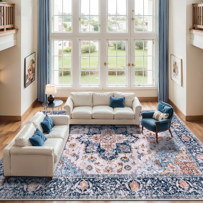 SERISSA 10x14 Area Rugs for Living Room, Large Washable Non-Slip Boho Rug, Ultra Soft Vintage Oriental Blue Orange Print Distressed Carpet for Dining Room Bedroom Office Home Decor
