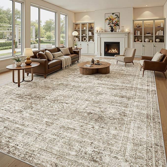 Soalmost 12x15 Washable Area Rug Brown Neutral Abstract Living Room Large Carpet Non Slip Bedroom Indoor Office Dining Room Low Pile Thin Rug