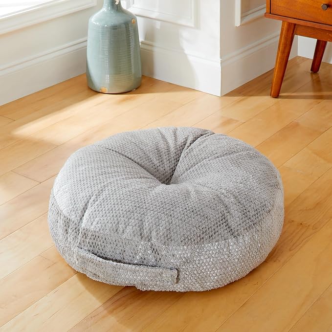 Sorra Home Indoor Tufted Floor Pillow, 24 in x 24 in x 5 in Circle w/Handle, Dove