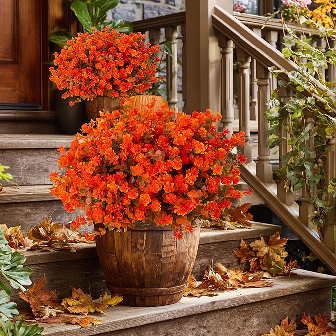 AXYLEX Artificial Fall Flowers Outdoor Fake Mums - 12 Bundles Fake Plants UV Resistant No Fade Faux Plastic Greenery Garden Porch Patio Fall Home Decor(OrangeGreen)