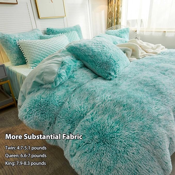 LIFEREVO Luxury Plush Shaggy Duvet Cover Set, Soft Velvet Fluffy Furry Duvet Cover Set(1 Faux Fur Fuzzy Comforter Cover + 1 Pom-poms Pillow Sham) Bedding Set, Zipper Closure(Twin/Twin XL,Ombre Aqua)