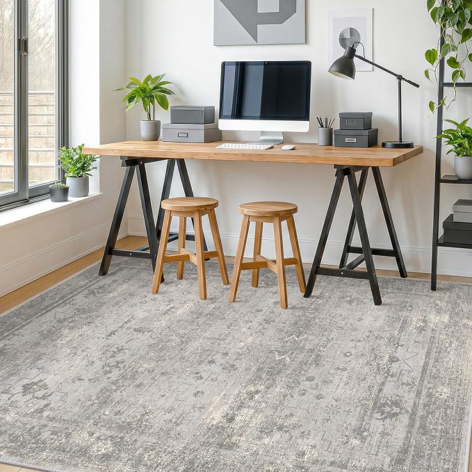 Farmhouse 5x7 Washable Area Rug for Small Living Room & Home Office, Neutral Gray Vintage Distressed Rug, Non-Slip Soft Low Pile Carpet for Bedroom, Desk Area & Dorm
