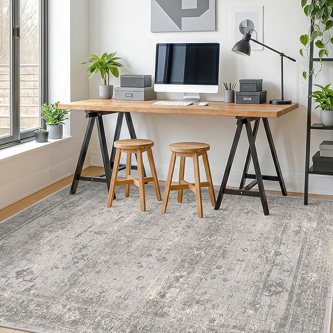 6x9 Washable Area Rug for Living Room - Gray Abstract Modern Rug, Non-Slip Low Pile Grey Vintage Distressed Carpet for Home Office, Bedroom & Dining Room
