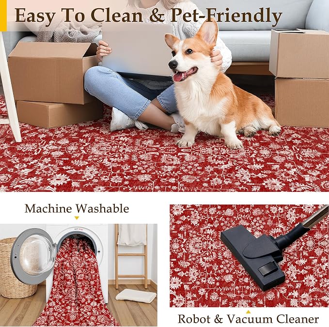 PureCozy Red Runner Rug 2x6 Washable Hallway Carpet Retro Vintage Distressed Floral Holiday Decorative Non Slip Low Pile Soft Throw Long Rug for Kitchen Bedroom Bathroom