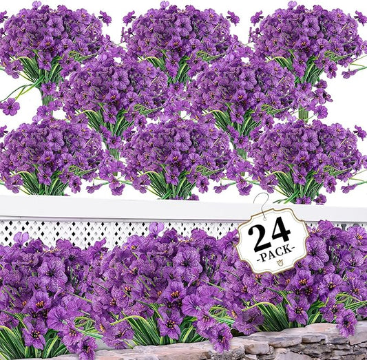 ColoPlay 24 Purple Bundles Artificial Flowers for Outdoors/Indoors Fake Flowers Plants for Indoor Outside Garden Porch Window Box Home Wedding Farmhouse
