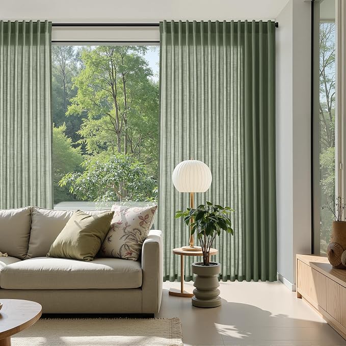 Nanspring Green Linen Curtains 102 Inches Long for Living Room 2 Panels Set Farmhouse Boho Privacy Light Filtering Back Tab Hook Belt Semi Sheer Curtains for Bedroom Linen Olive Green W50 x L102