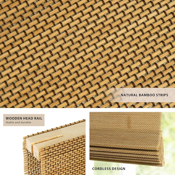 LazBlinds No Tools No Drill Cordless Bamboo Roman Shades, Light Filtering Window Treatment, Roll Up Bamboo Blinds for Windows 48'' W x 64'' H, Acorn