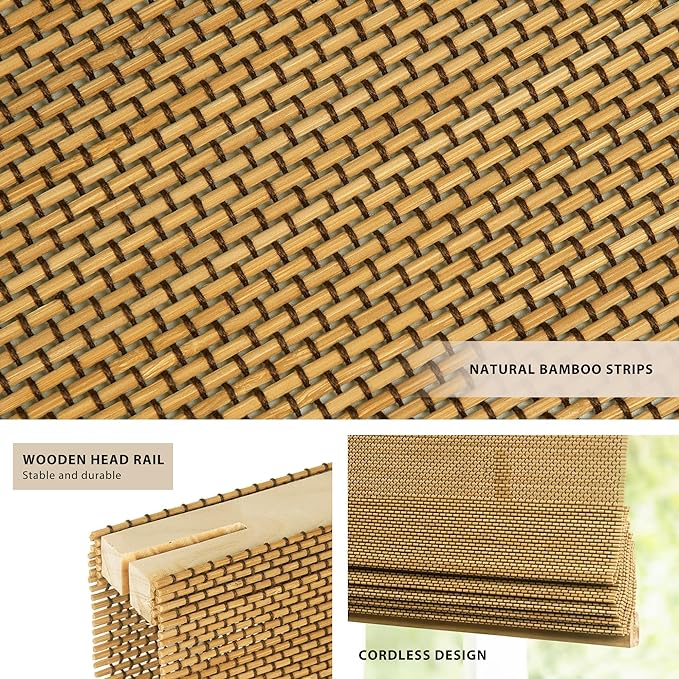 LazBlinds No Tools No Drill Cordless Bamboo Roman Shades, Light Filtering Window Treatment, Roll Up Bamboo Blinds for Windows 33'' W x 64'' H, Acorn