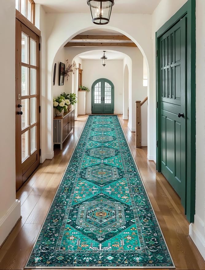 SERISSA Runner Rug for Hallways, 2'6"x18' Washable Non Slip Kitchen Runner Rug, Extra Long Boho Rug Ultra Soft Vintage Teal Print Floor Carpet for Bedroom Hallway Entryway Bathroom Laundry Room