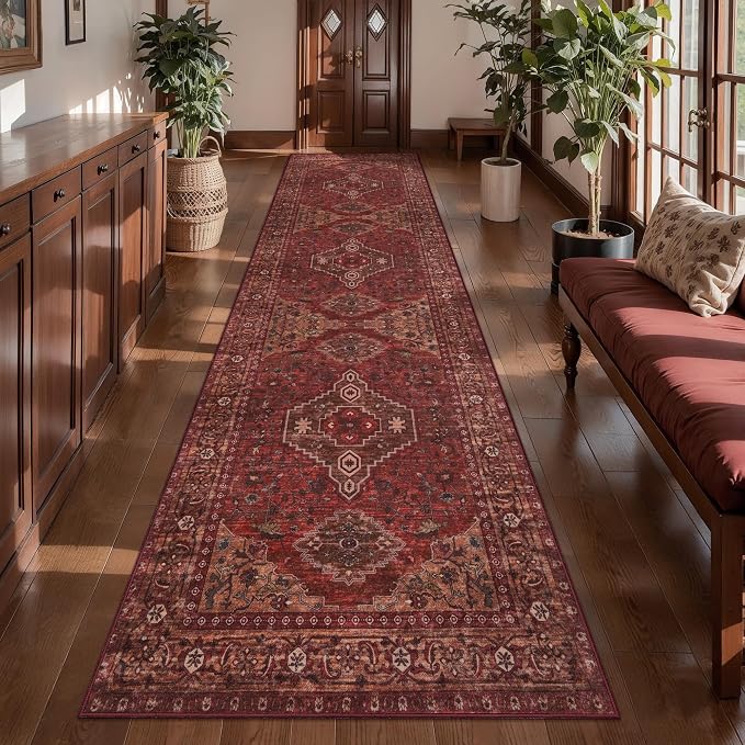 Tangsoo Red 3x10 Washable Hallway Runner Rug, Non Slip Vintage Runner Rug, Oriental Soft Low Pile Long Rug Runner, Print Carpet Runners for Kitchen Bedroom Entryway Bedside Bathroom Living Room