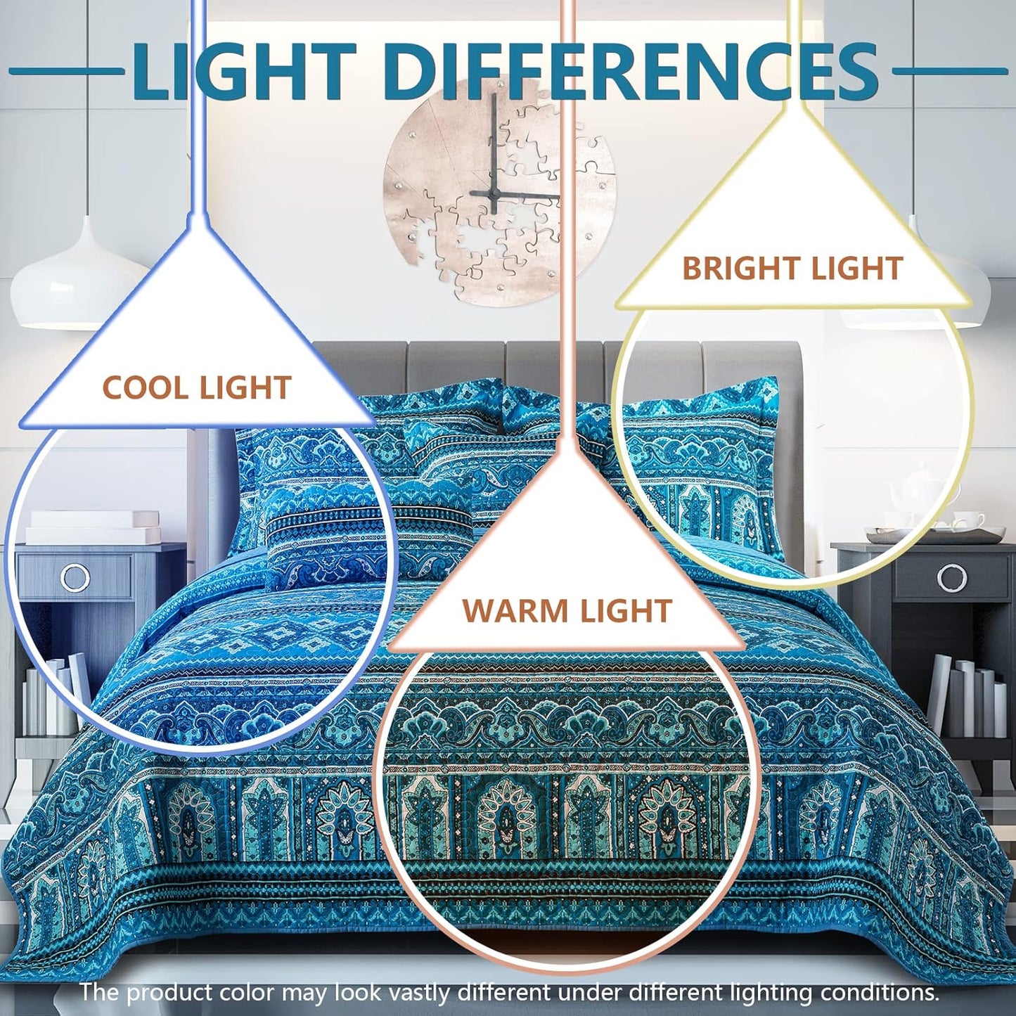 VAPUTAR Cotton Quilt Bedding Set - 3 Pieces, Boho King Size Quilts, Lightweight Reversible Coverlets Bedspreads for Farmhouse Bedroom (Blue)