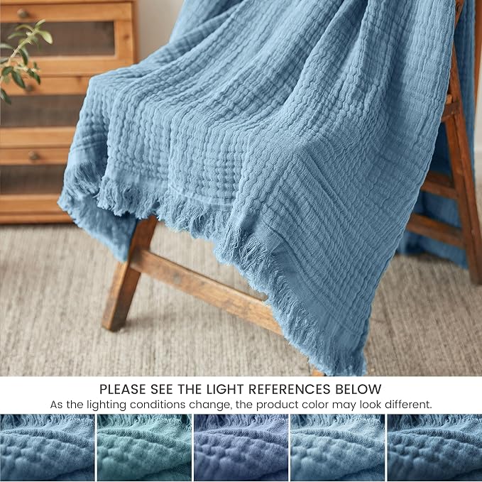 FALUCA Cotton Muslin Throw Blanket 50x60 Inches for Bed, Couch, Knit Woven Gauze Blanket, Soft Lightweight Cozy Breathable Farmhouse Decoration for All-Season, Dusty Blue