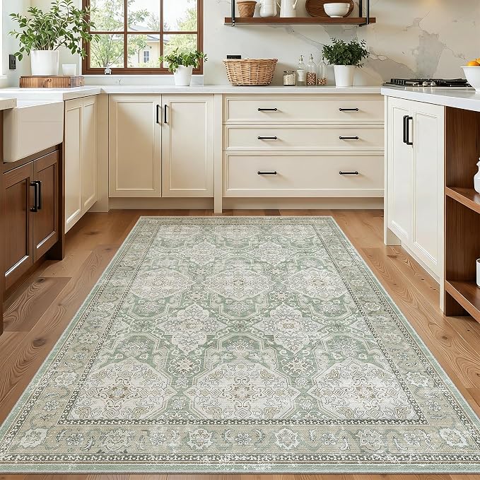 Soalmost 4x6 Area Rugs for Living Room, Vintage Washable Rugs for Dining Room, Bedroom, Home Office Decor, Non-Slip Green/Brown Carpet Thin Rug